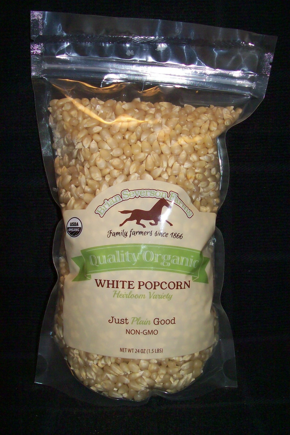 Bag of white popcorn with an organic label